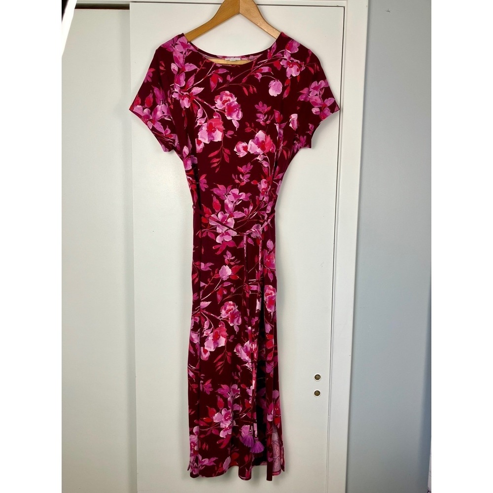 J. Jill Cranberry-Red Multi Watercolor Floral Stretch Dress XL Beachy Vacation - Picture 2 of 12